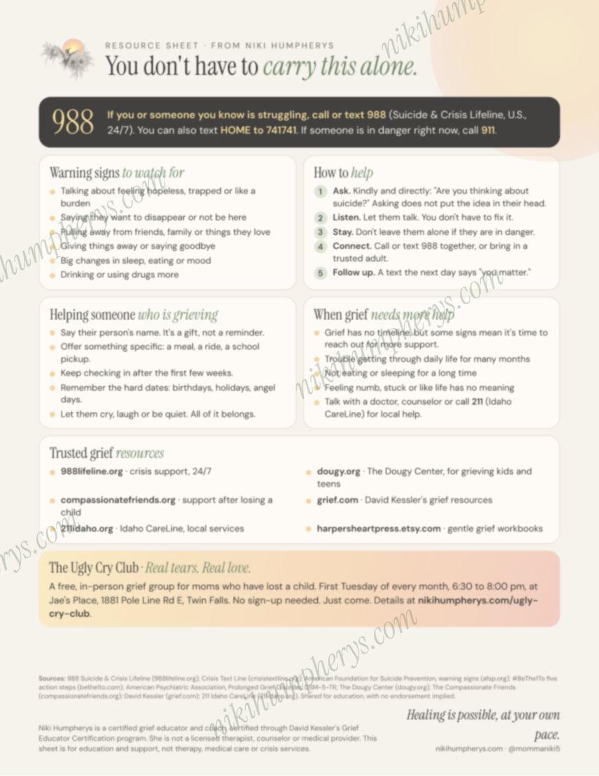 A page from Grief and 988 Resource Sheet