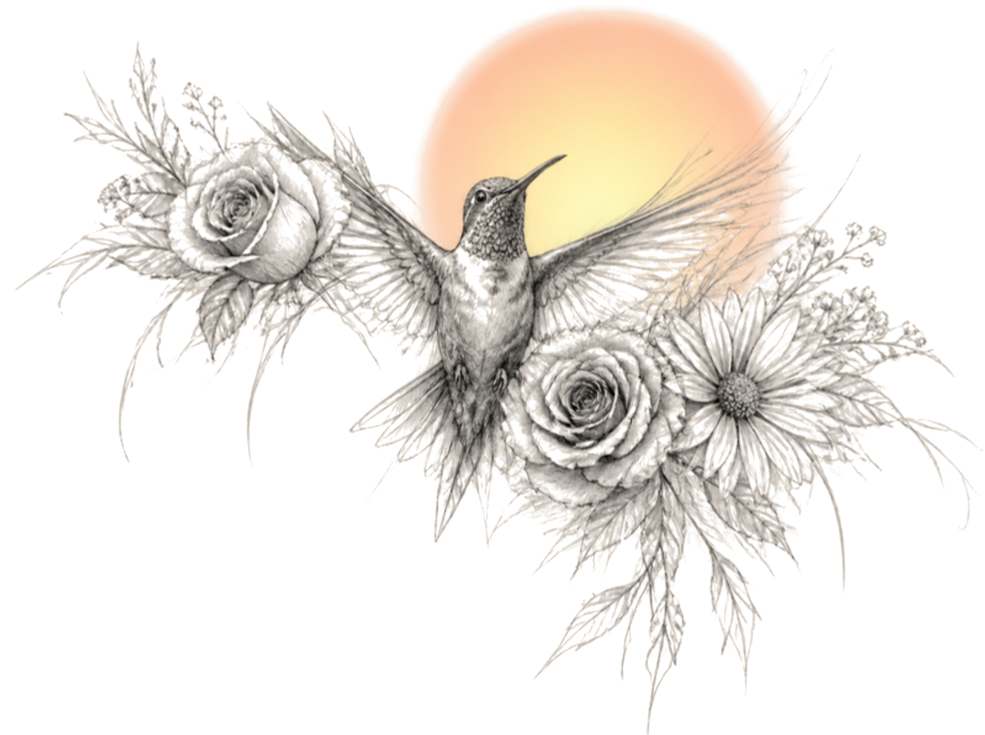 Niki Humpherys logo: a pencil-sketch hummingbird with roses, a daisy and baby's breath in front of a soft sunset
