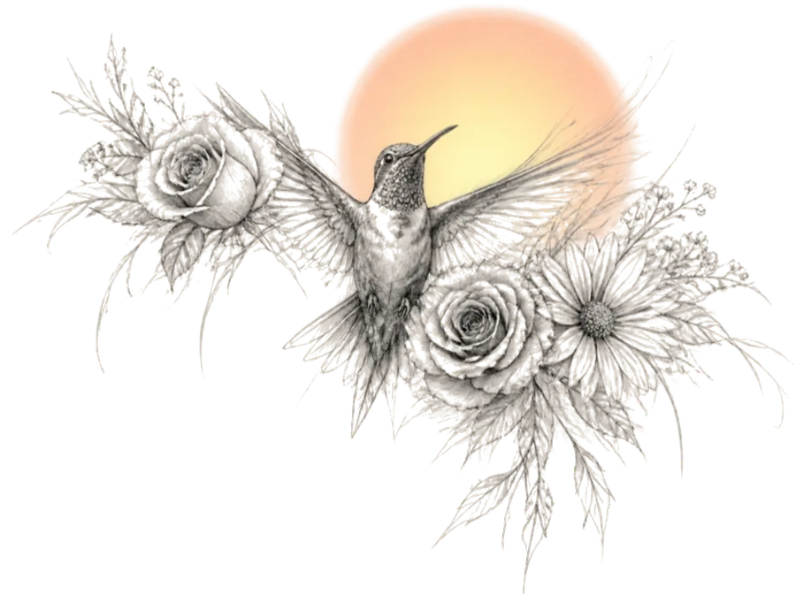 Niki Humpherys logo: a pencil-sketch hummingbird with roses, a daisy and baby's breath in front of a soft sunset